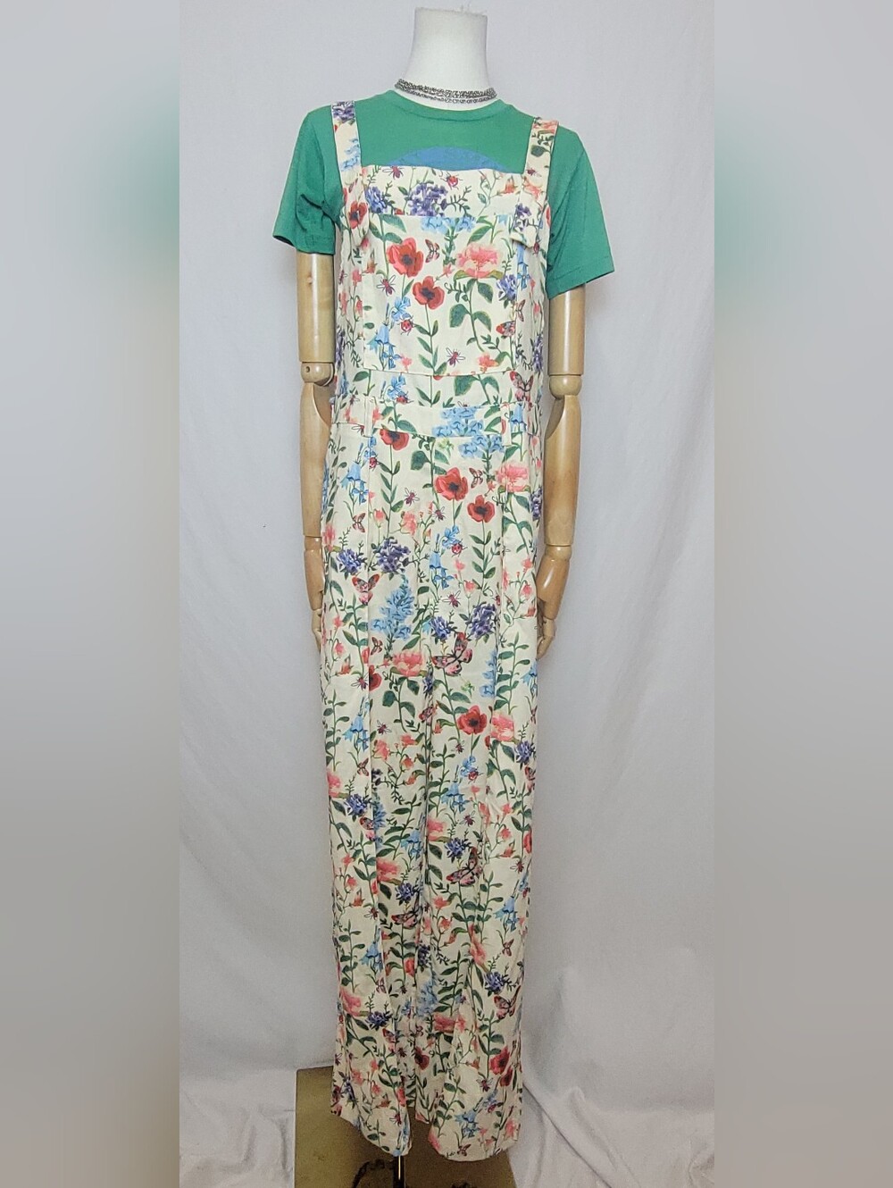 Retro Stage Beige 1950s Floral Wide Leg Jumpsuit, Size XL